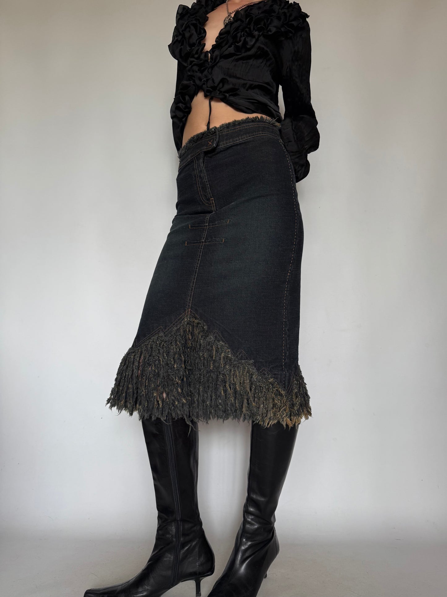 Vintage Denim Skirt with Fringe Hem Twinkling Global
