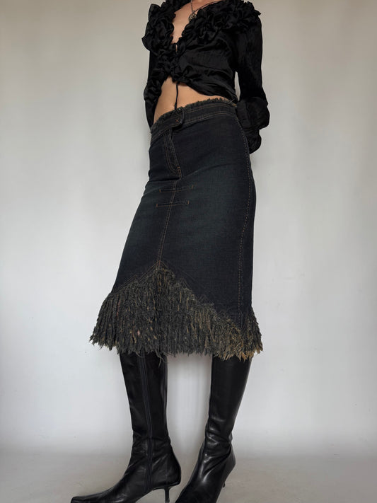 Vintage Denim Skirt with Fringe Hem Twinkling Global