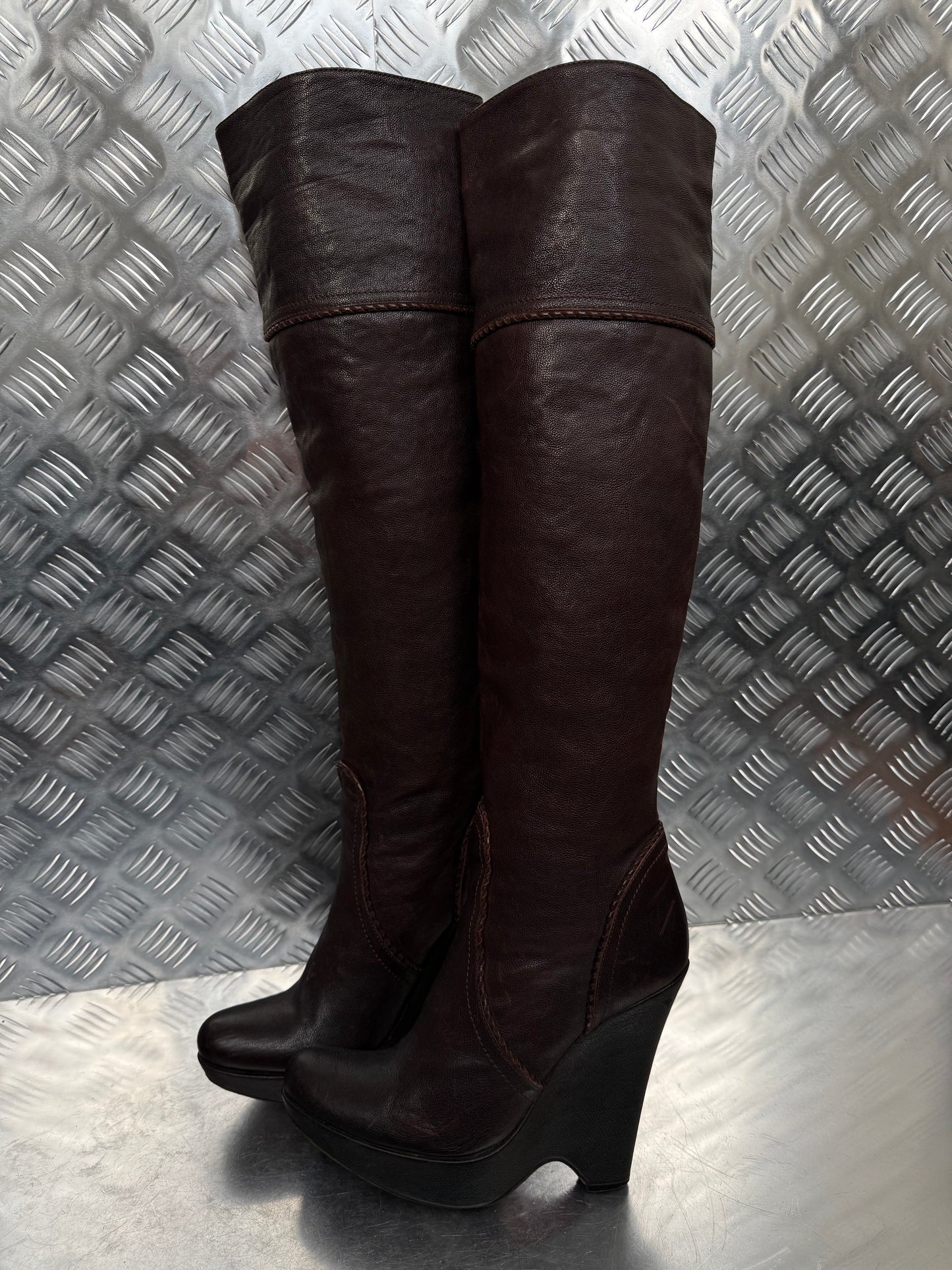 Vintage brown leather platform wedge over-the-knee boots SHY TWINKLING GLOBAL