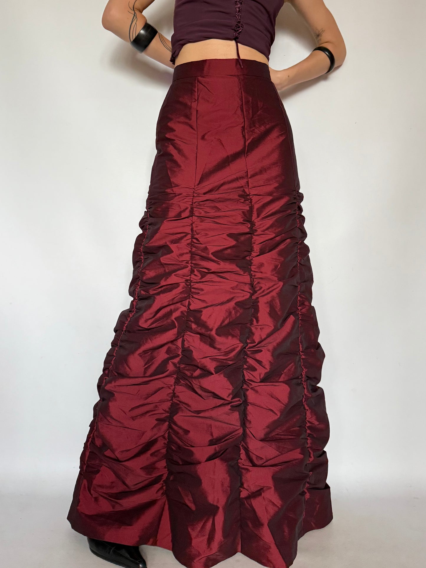 Vintage Burgundy Ruched Maxi Skirt – Twinkling Global