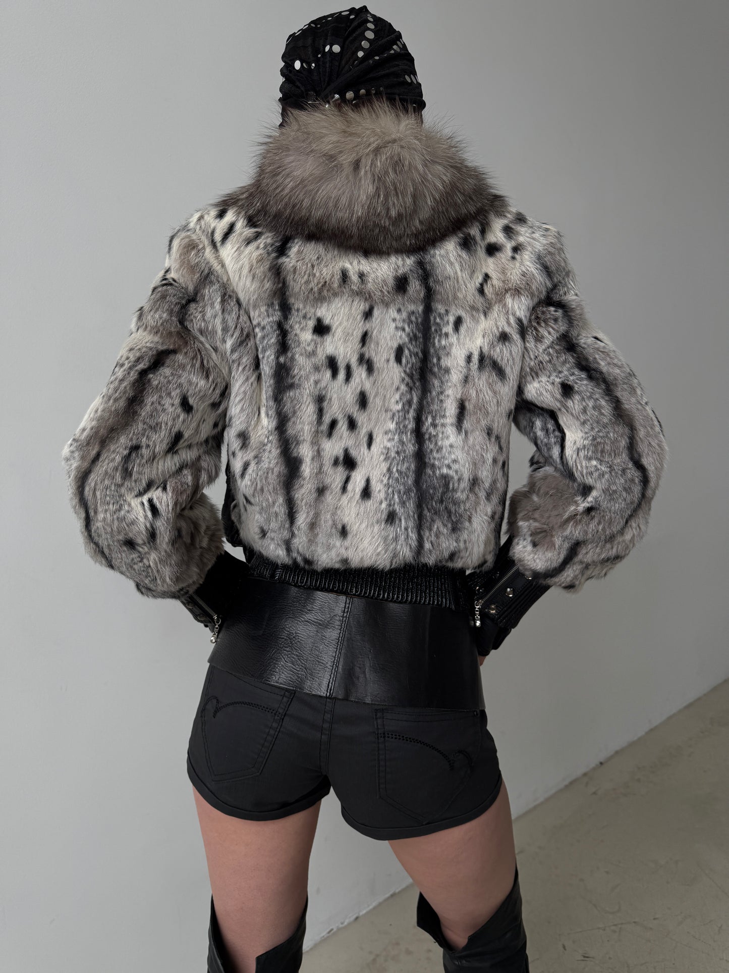 Vintage leather jacket with natural rabbit fur TWINKLING GLOBAL