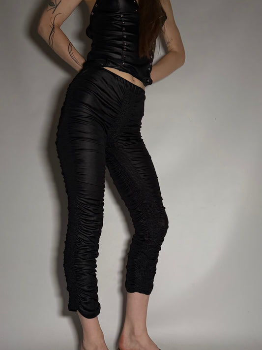 Y2K Black Ruched Capri Pants with Shiny Stretch Fabric Twinkling
