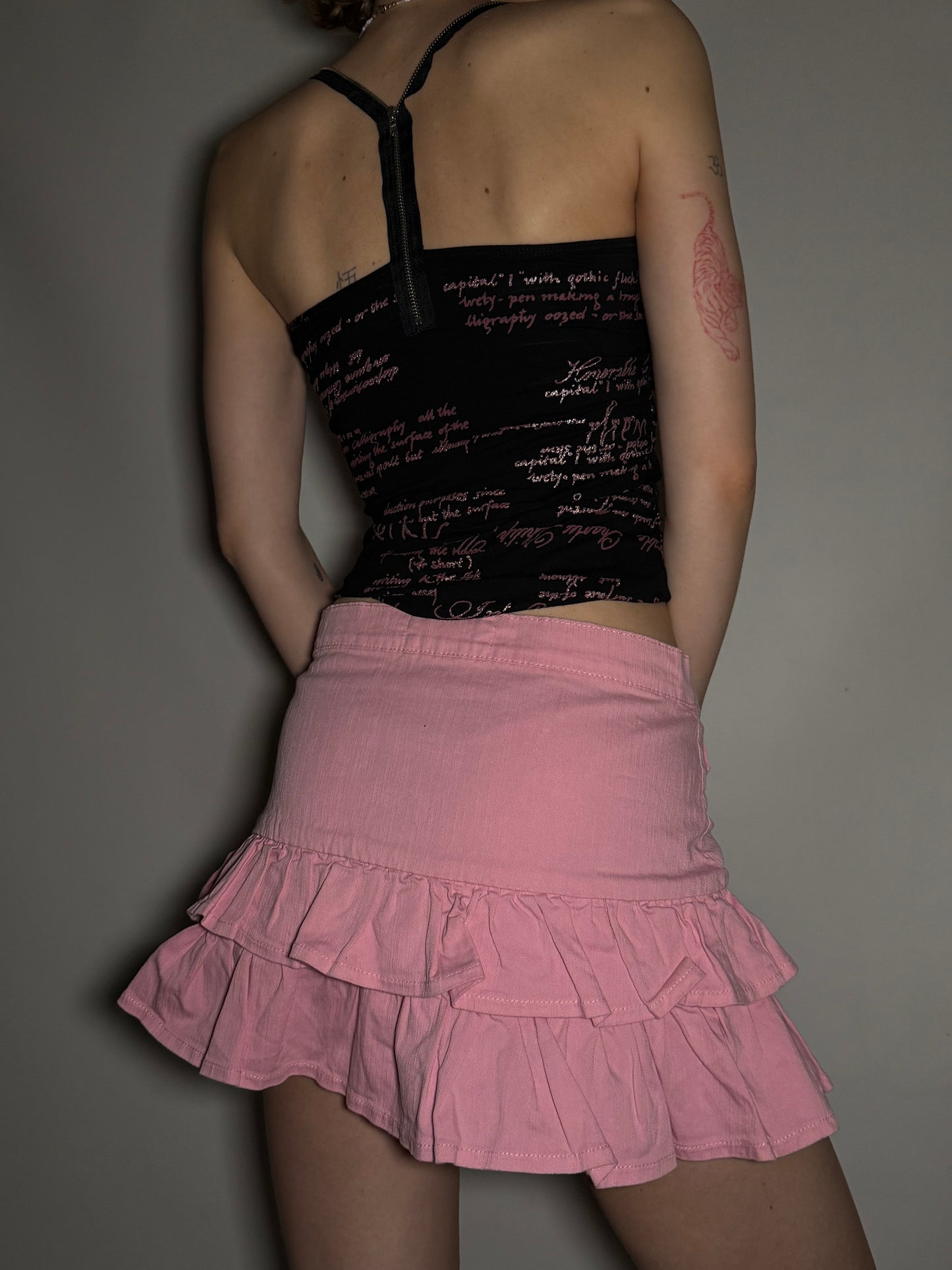 Y2K Pink Ruffle Denim Mini Skirt Twinkling