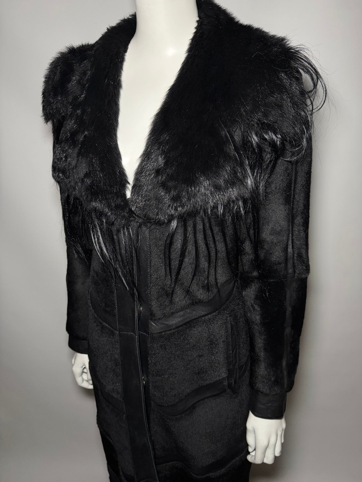 Vintage Black Leather Long Coat with Real Fur TWINKLING GLOBAL