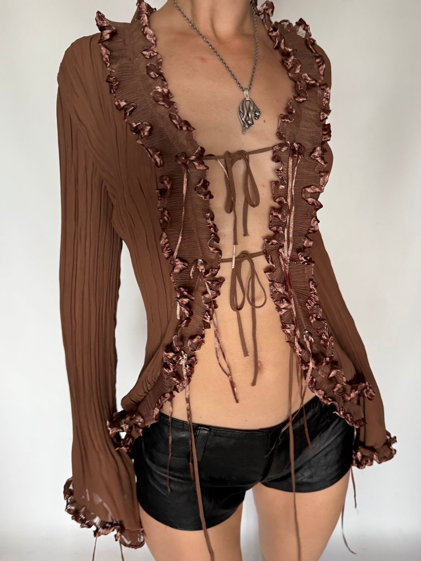 Vintage Cocoa Ruffle Tie-Front Blouse Twinkling Global