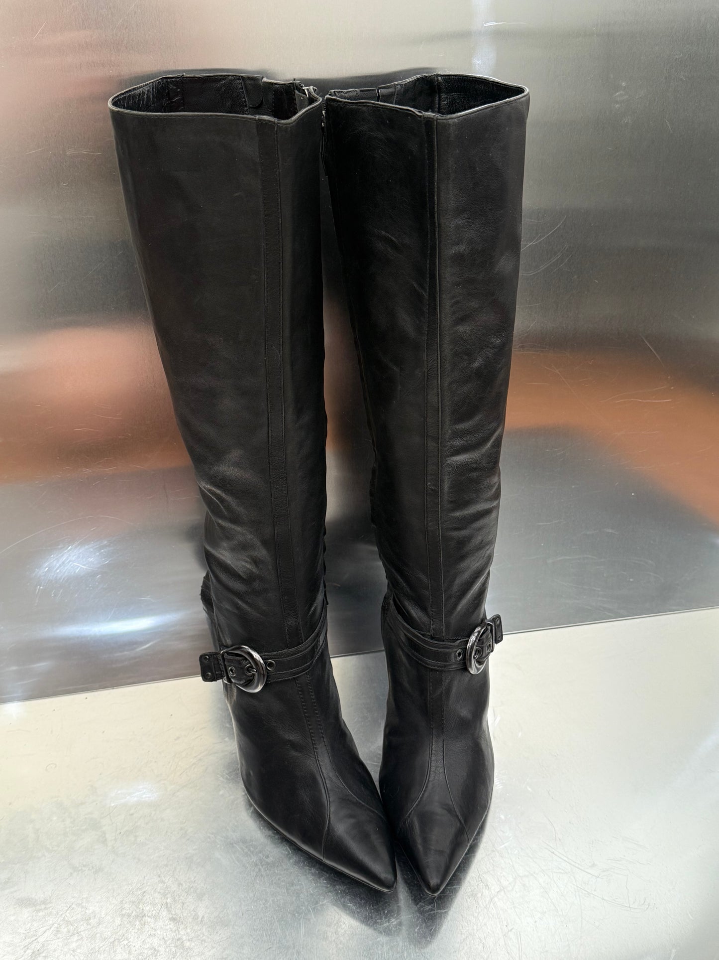 Vintage Black Leather High Boots with Buckle Detail OXMOX Twinkling Global