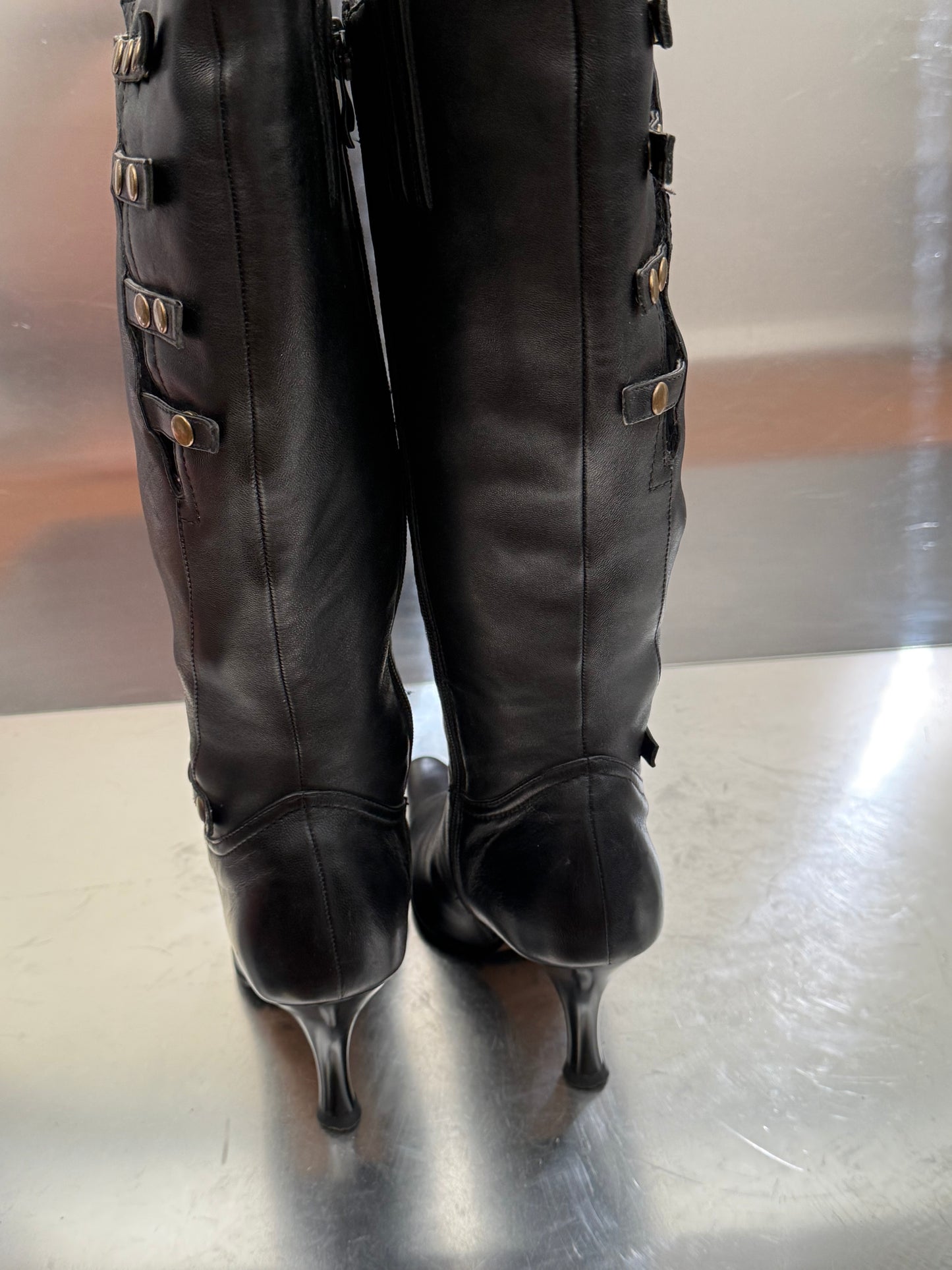 Vintage Black Leather High Boots with Stud Details Twinkling Global