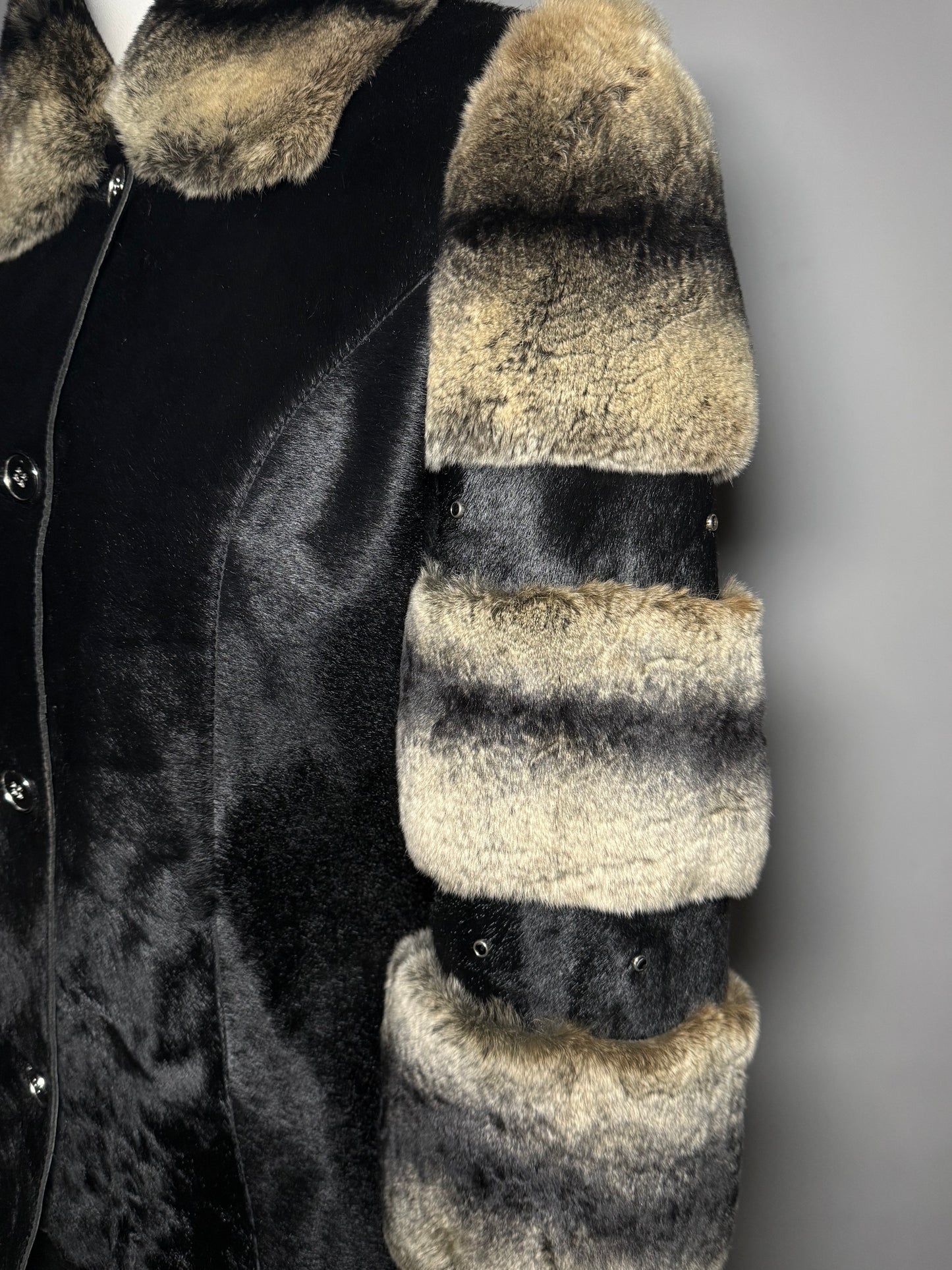 Vintage leather jacket with real chinchilla and pony fur panels
