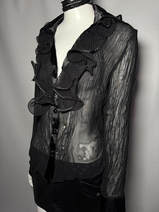 Sheer Black Ruffle Blouse with Textured Details TWINKLING