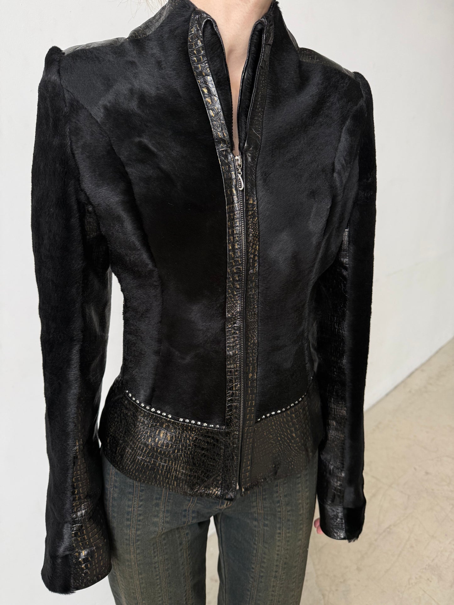 Vintage fitted leather jacket with pony fur TWINKLING GLOBAL