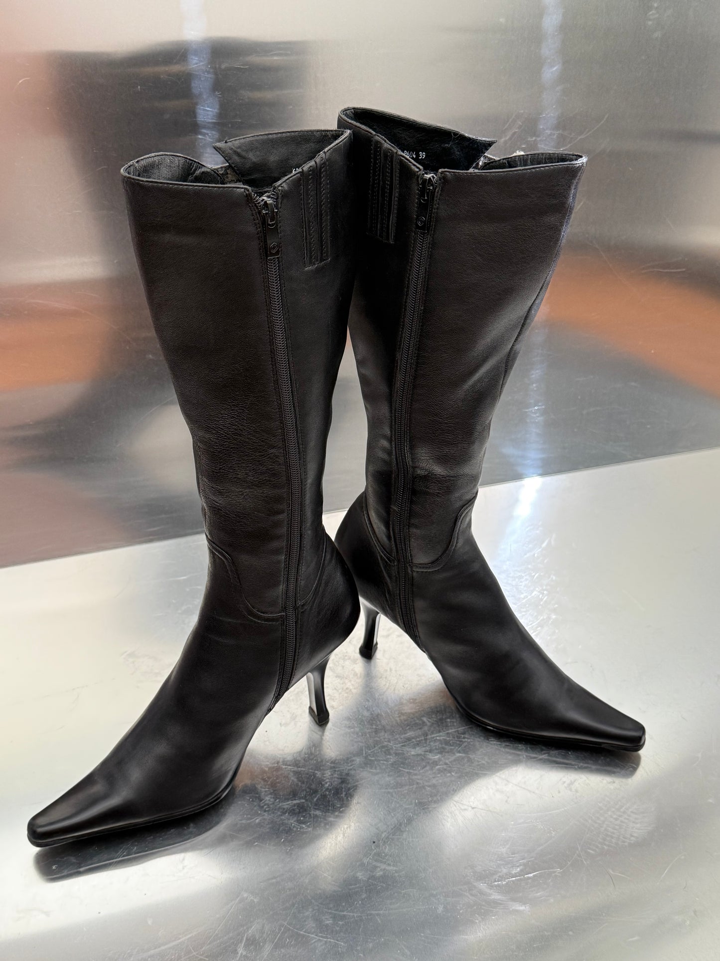 Vintage Black Leather High Boots with Stud Details Twinkling Global