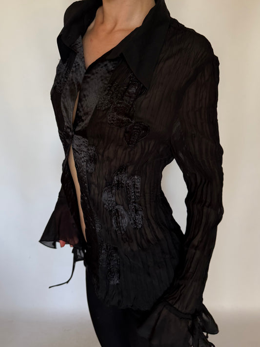 Vintage Black Textured Blouse with Flared Sleeves Twinkling Global