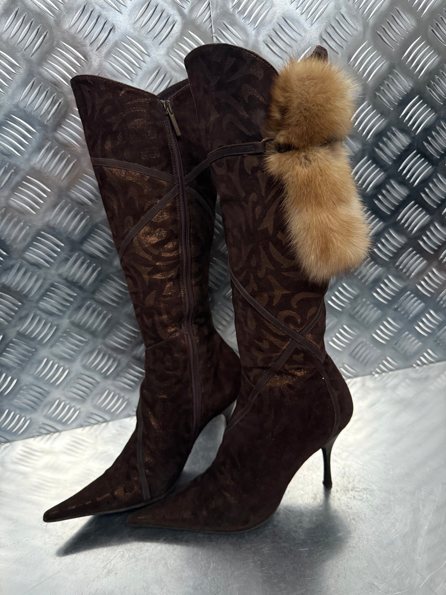 Italian Brown Suede Heeled Boots with Real Fur TWINKLING GLOBAL