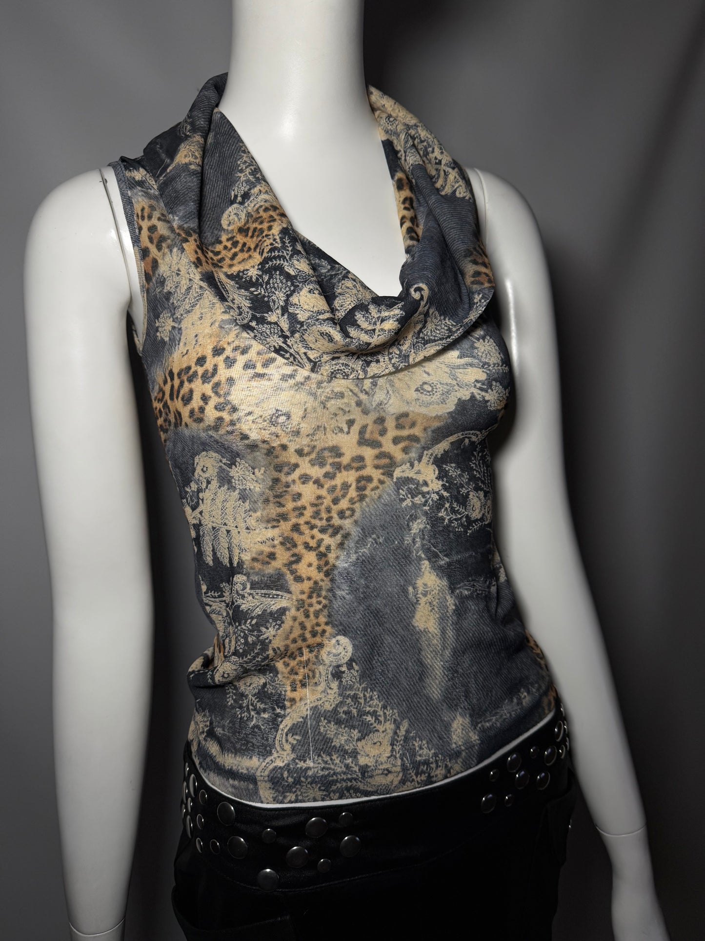 Vintage Cowl Neck Mesh Top with Leopard Print TWINKLING
