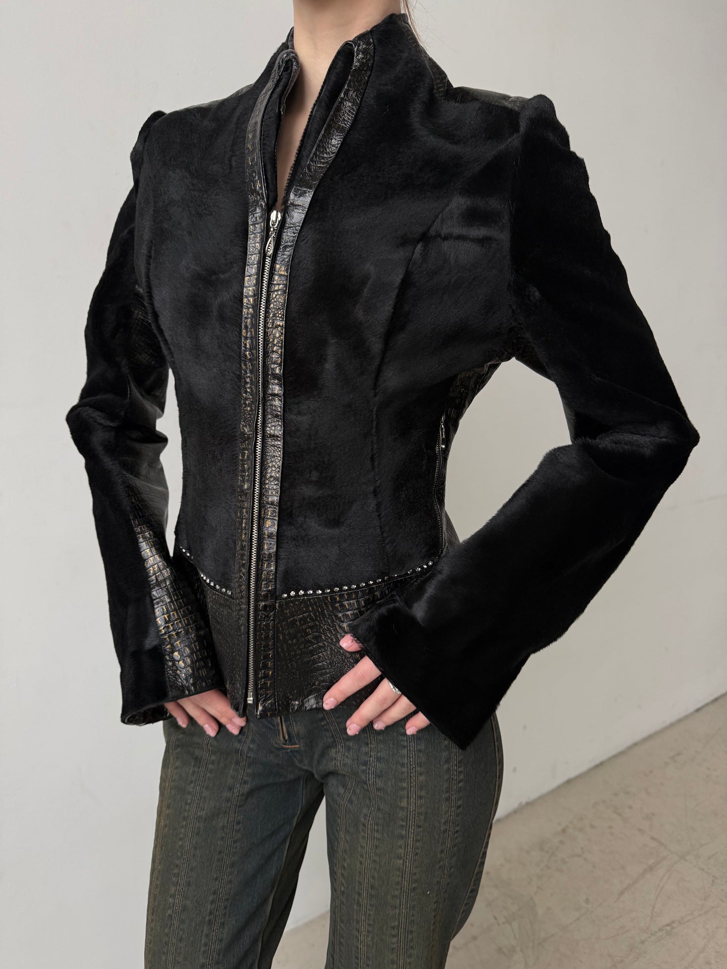 Vintage fitted leather jacket with pony fur TWINKLING GLOBAL