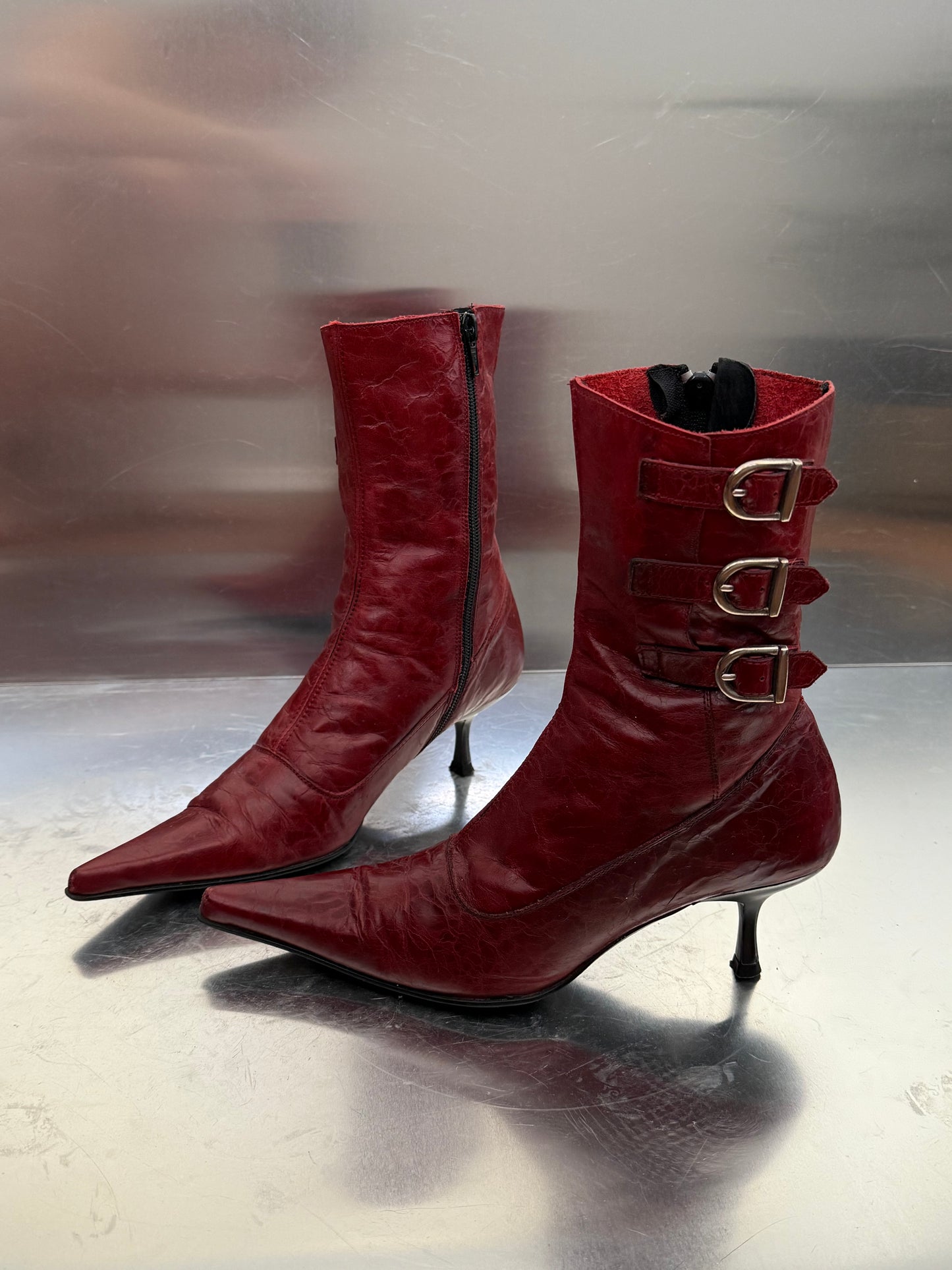 Vintage Red Leather Buffalo Heeled Boots Twinkling