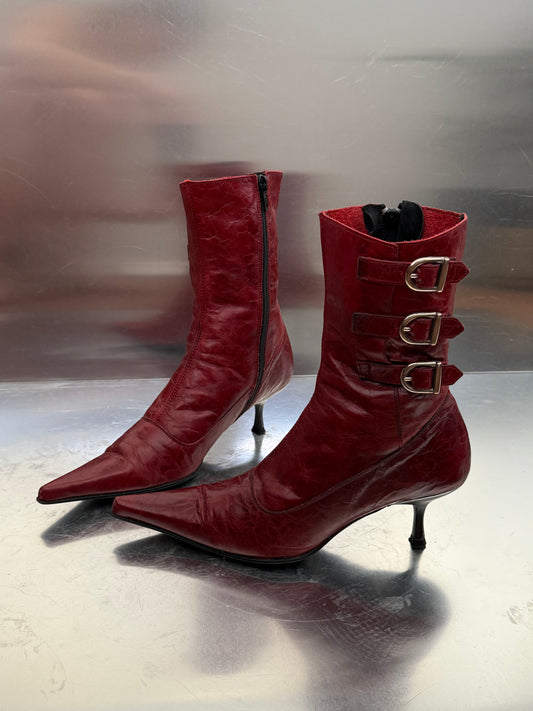 Vintage Red Leather Buffalo Heeled Boots Twinkling