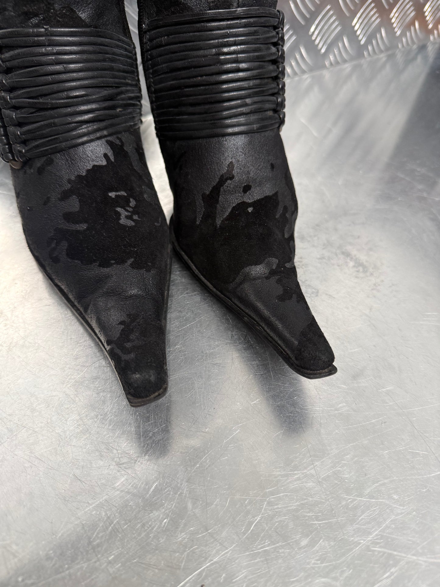 Vintage Black Leather & Suede Heeled Boots with Fur Lining TWINKLING GLOBAL