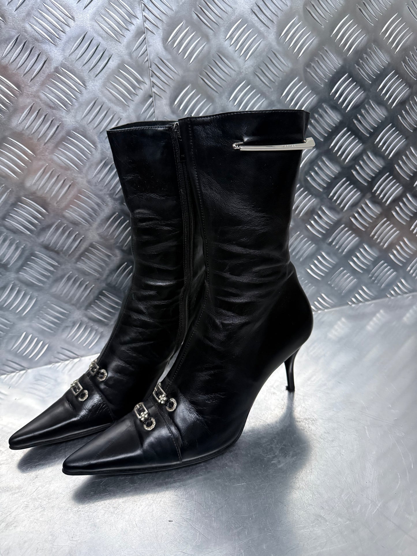 Vintage Black Leather Boots with Crystal Buckles TWINKLING GLOBAL