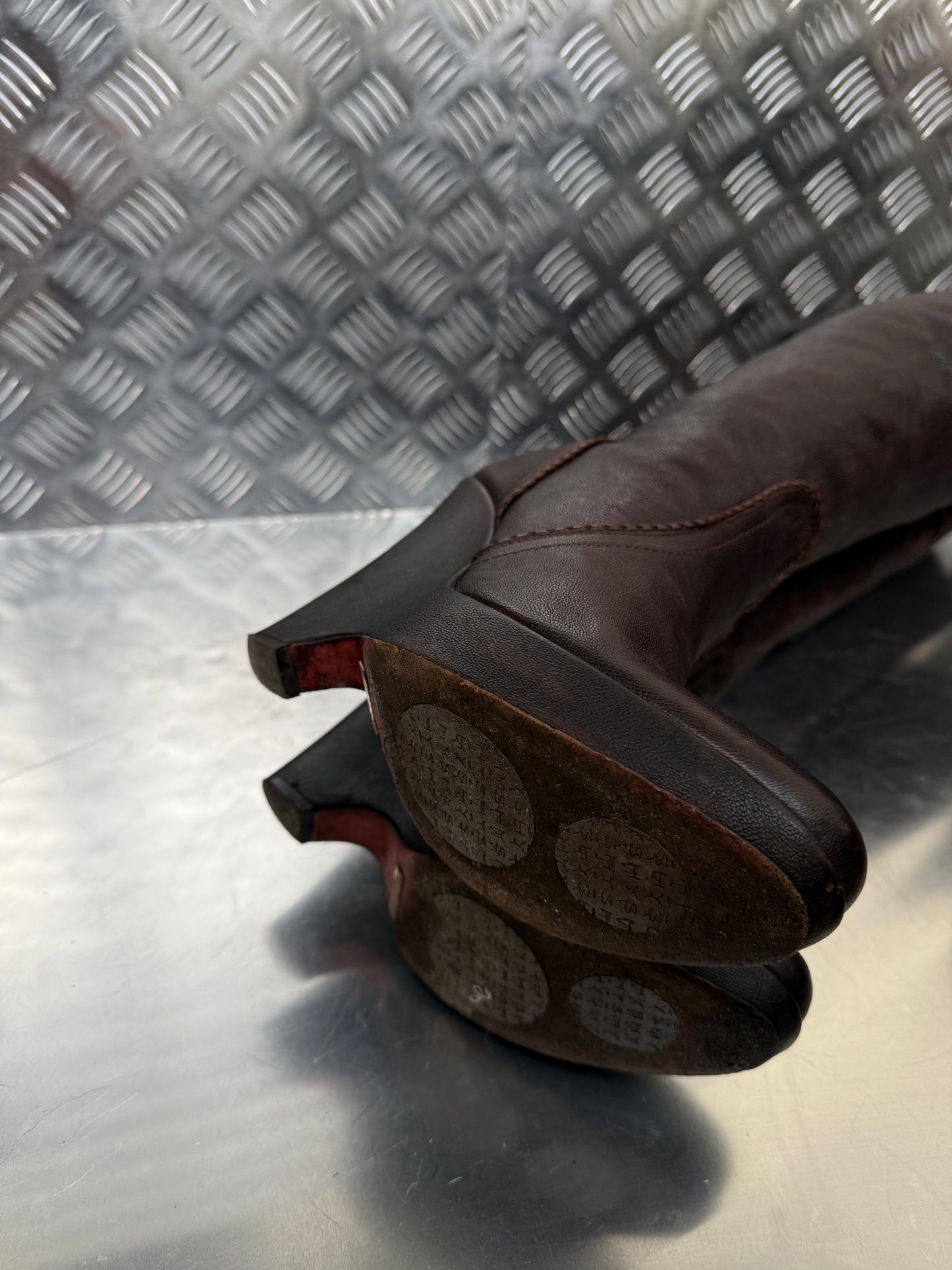 Vintage brown leather platform wedge over-the-knee boots SHY TWINKLING GLOBAL