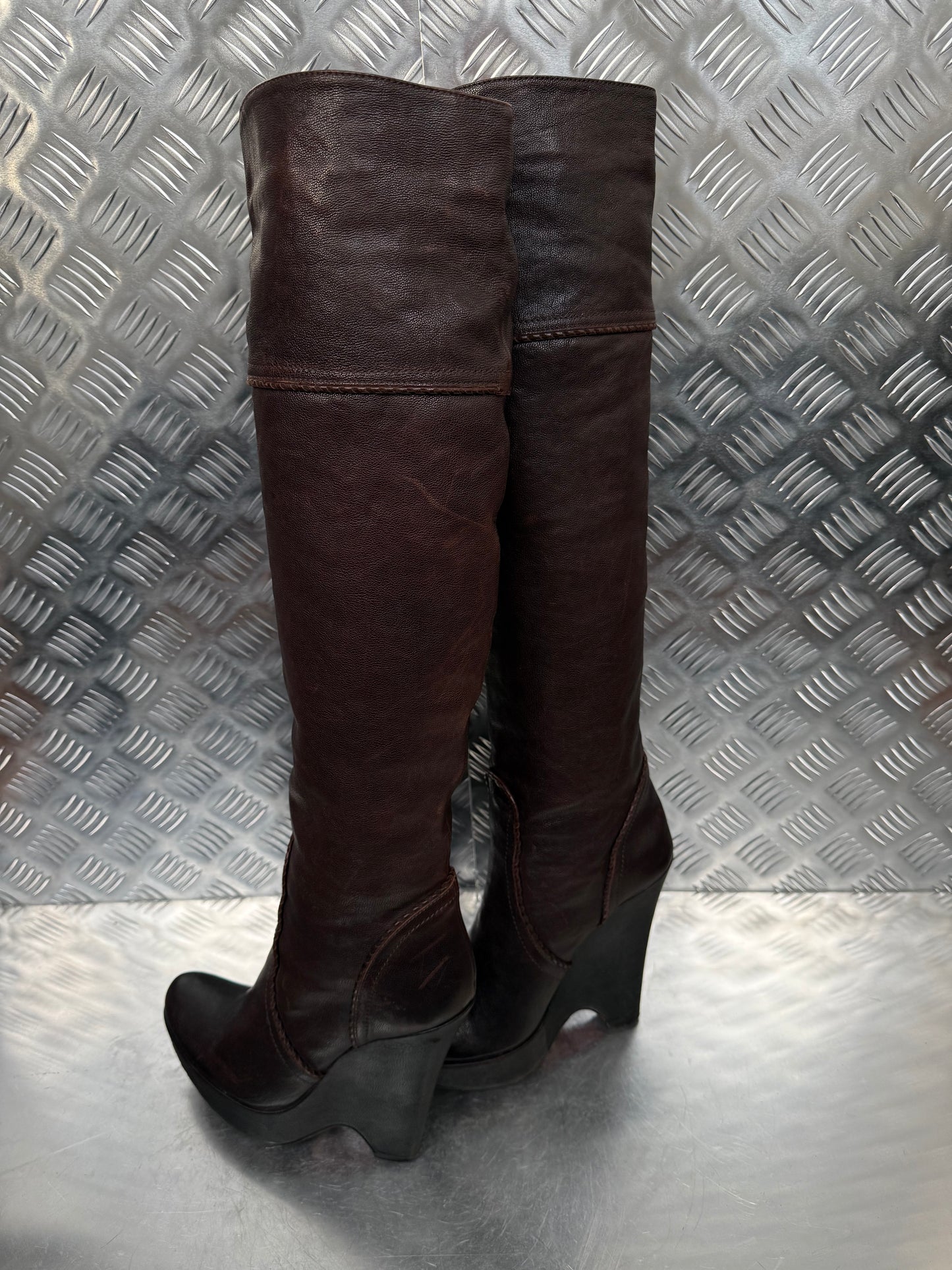Vintage brown leather platform wedge over-the-knee boots SHY TWINKLING GLOBAL