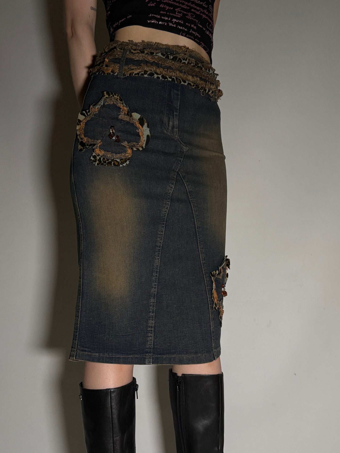 Y2K Leopard Patch Stretch Denim Pencil Skirt Twinkling