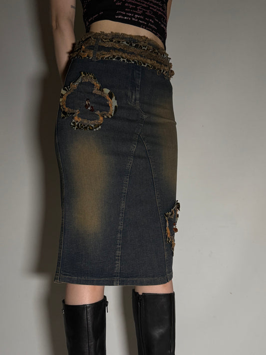 Y2K Leopard Patch Stretch Denim Pencil Skirt Twinkling