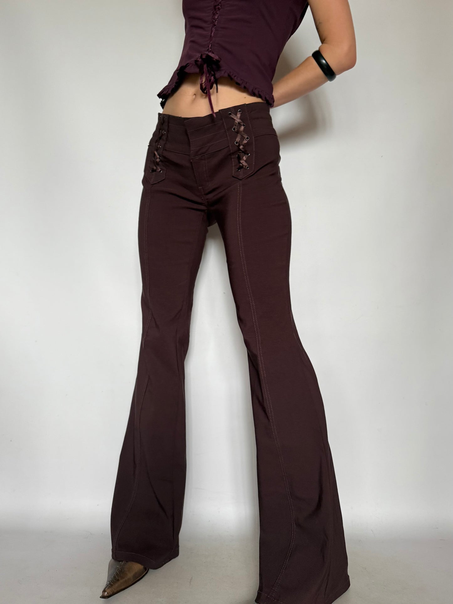 Vintage Brown Flared Pants with Lace-up Detail – Twinkling Global
