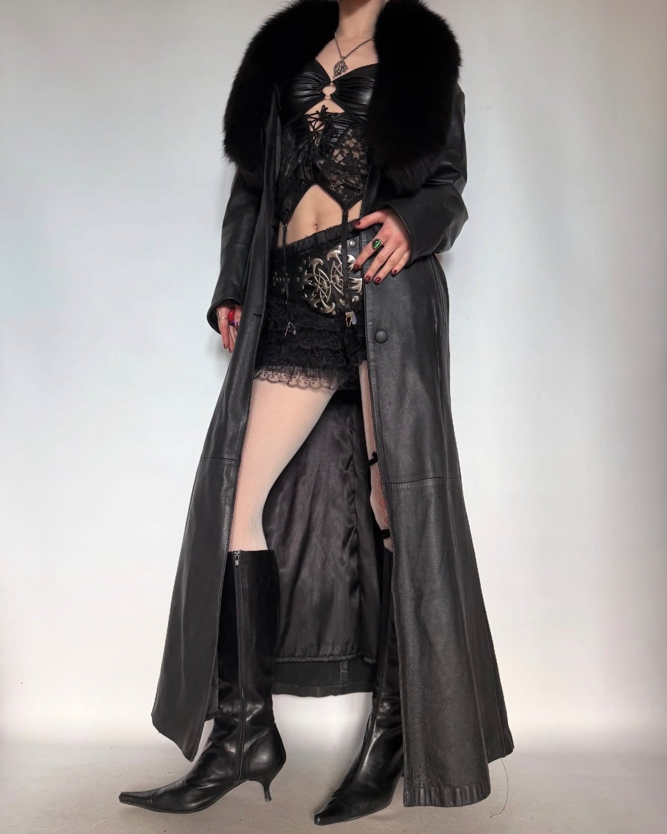 Vintage leather long coat with removable fur collar Twinkling Global