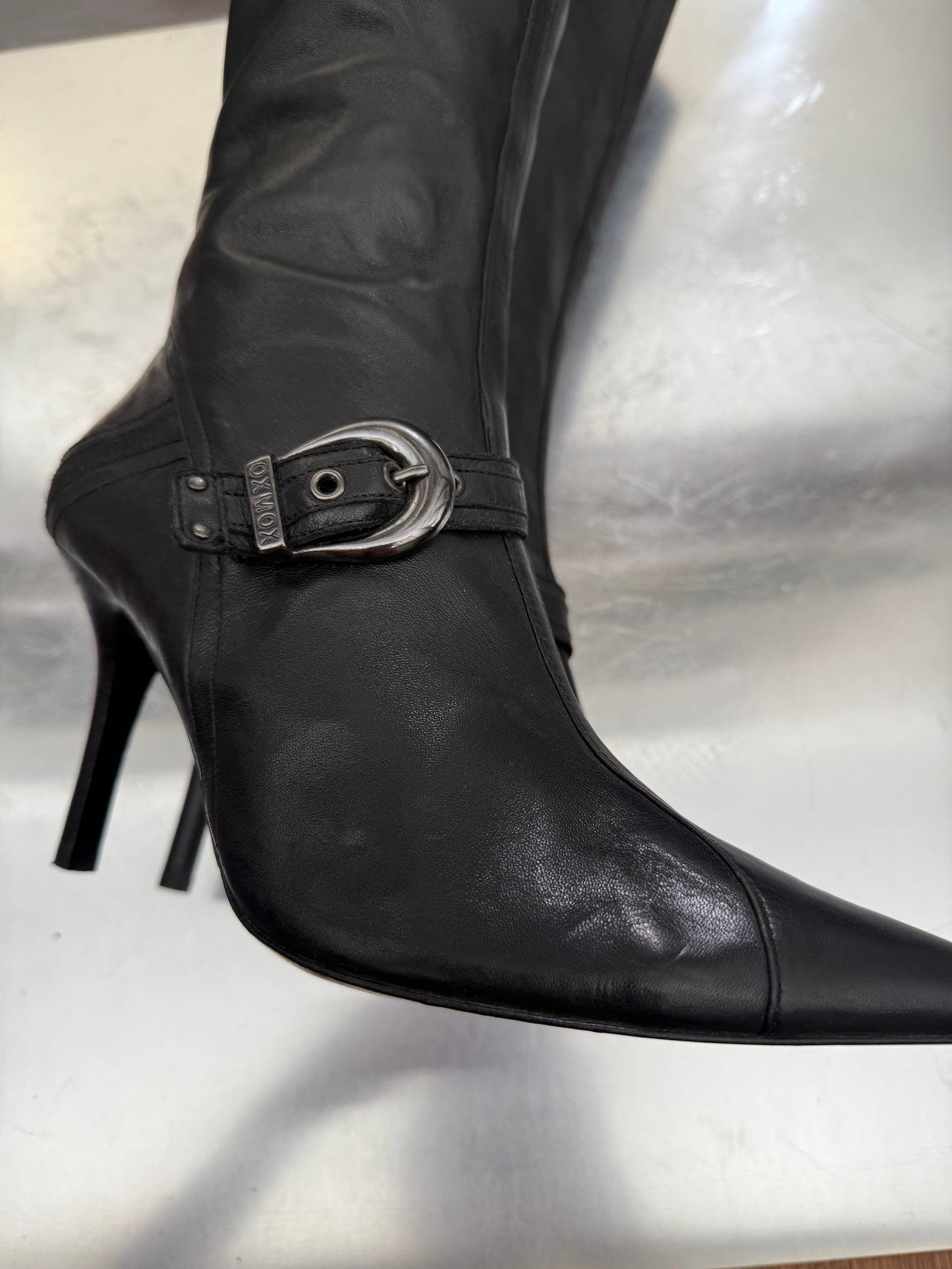 Vintage Black Leather High Boots with Buckle Detail OXMOX Twinkling Global