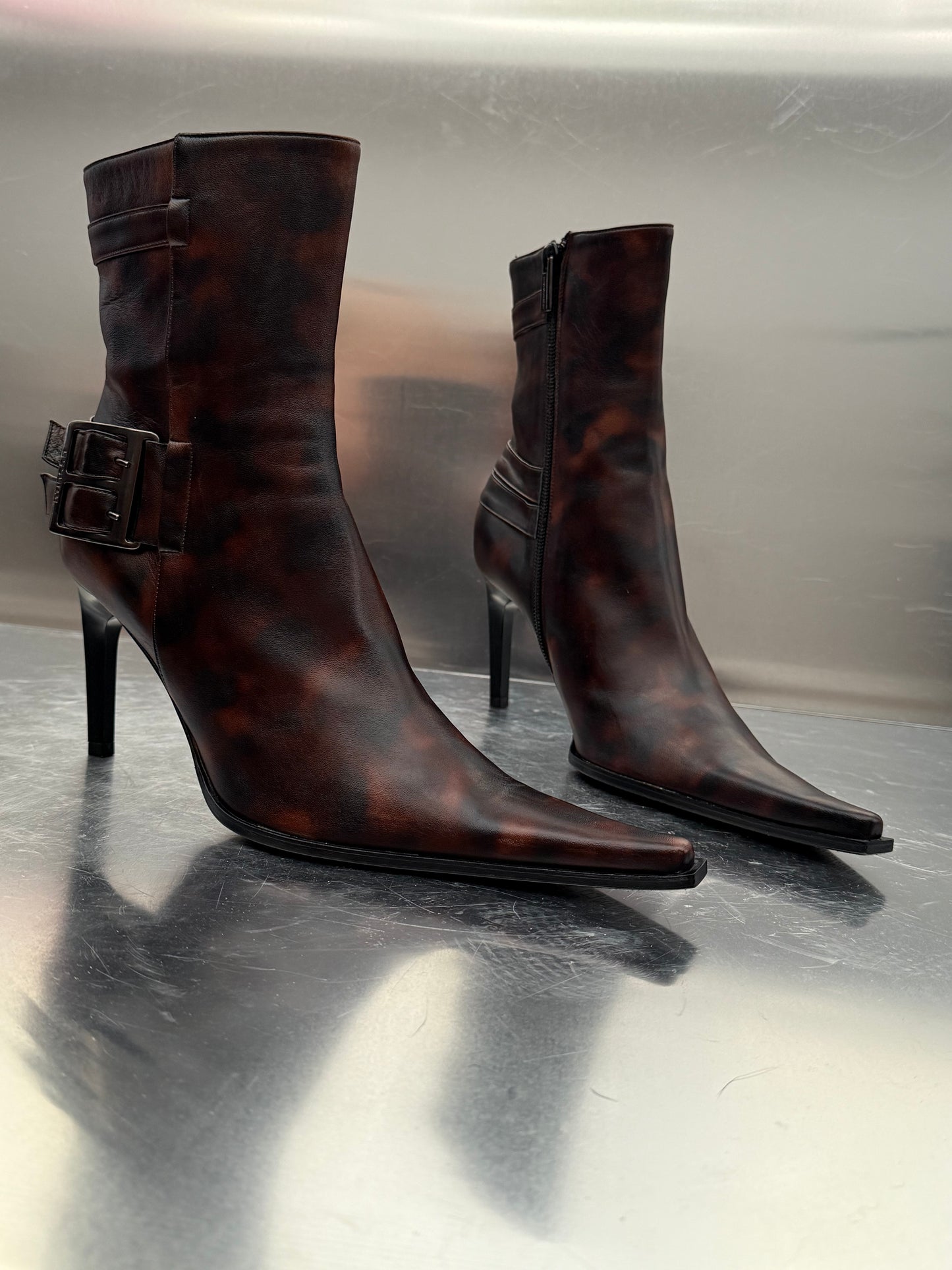 Vintage Brown Patterned Leather Ankle Boots Made in Italy Twinkling Global