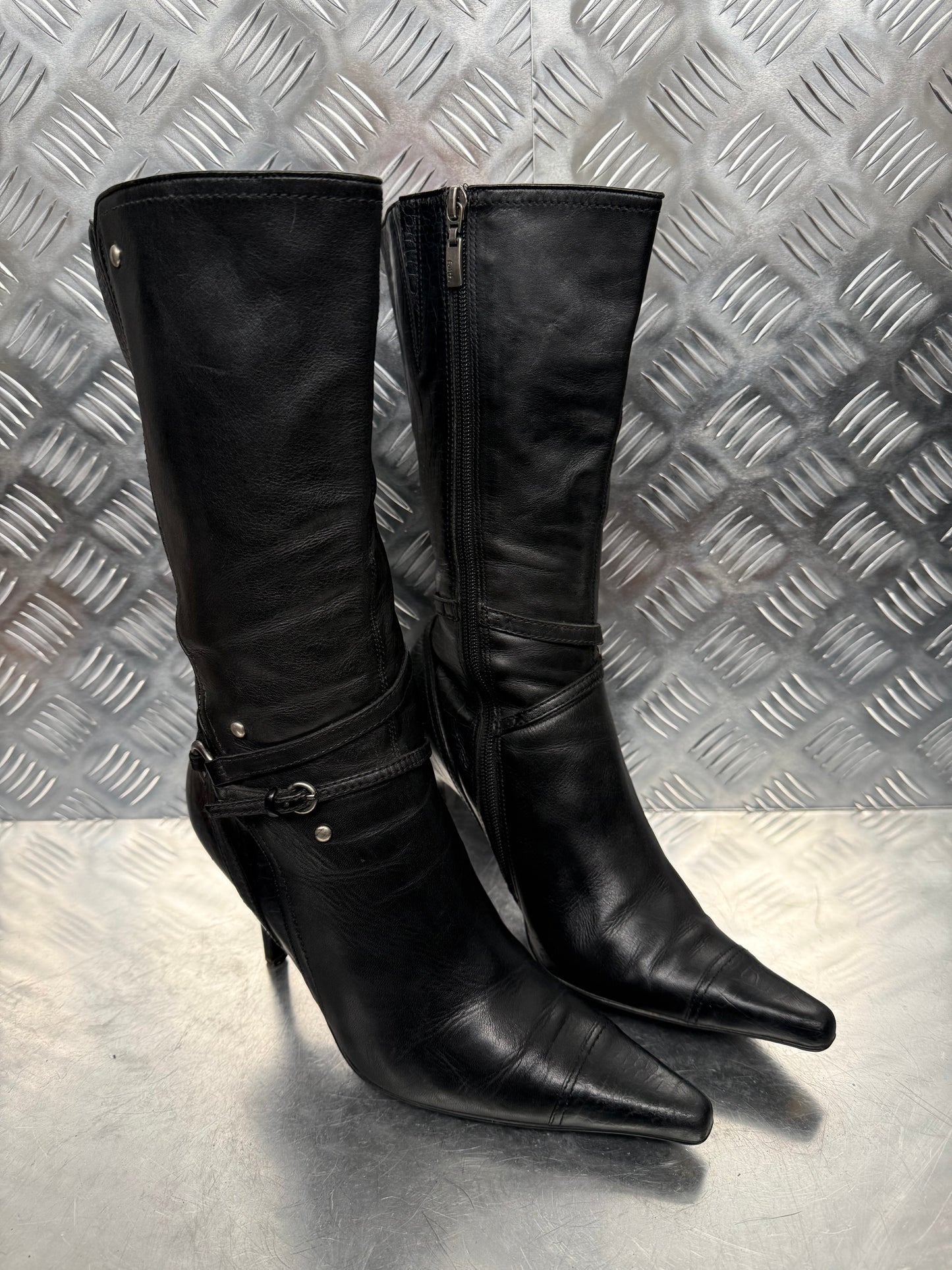 Vintage Black Croc-Effect Leather Knee-High Boots FAITH TWINKLING GLOBAL