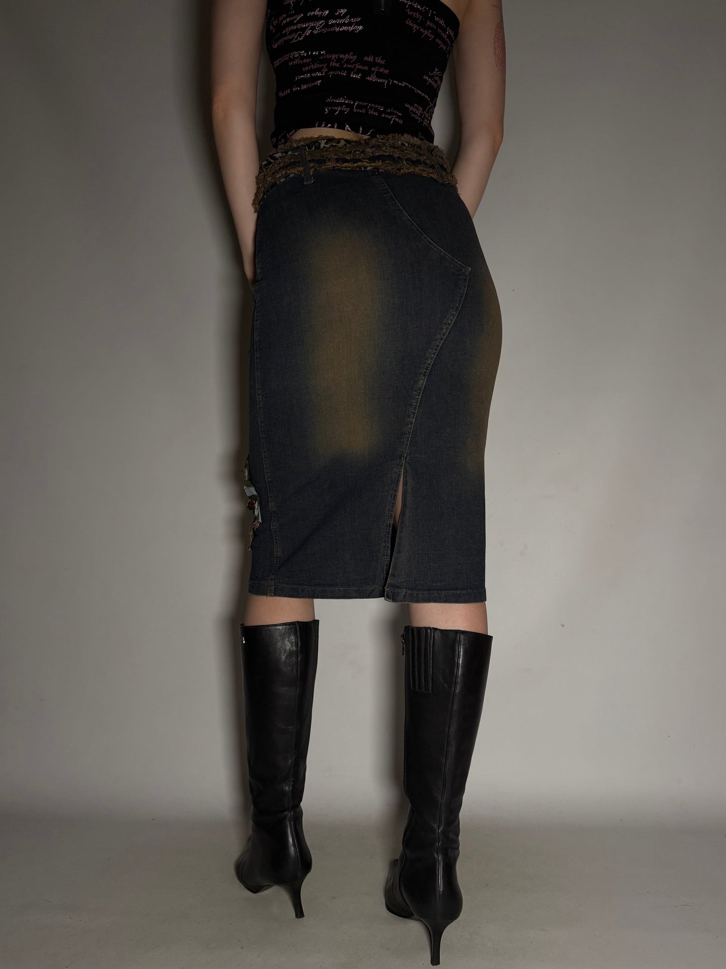 Y2K Leopard Patch Stretch Denim Pencil Skirt Twinkling