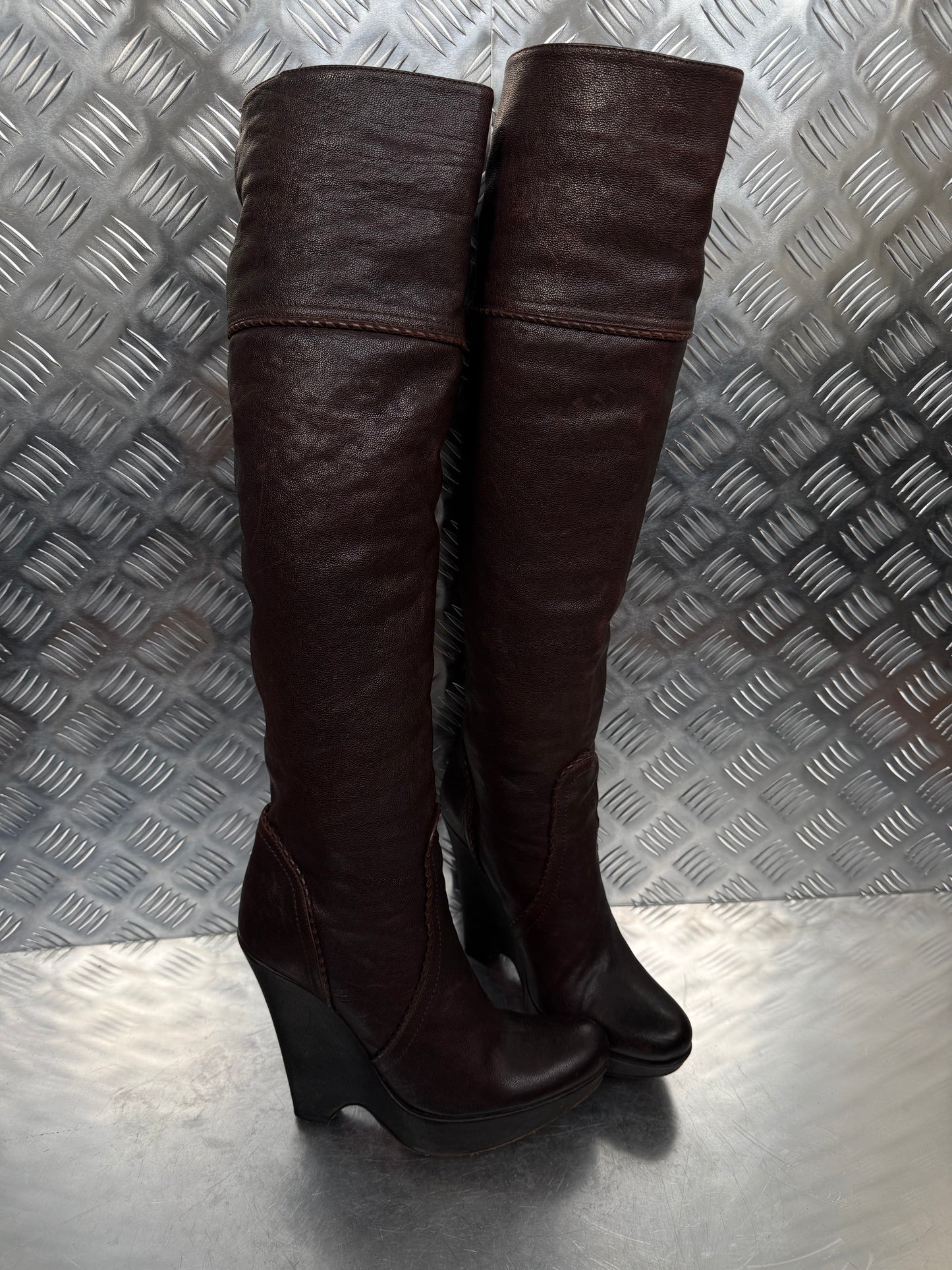 Vintage brown leather platform wedge over-the-knee boots SHY TWINKLING GLOBAL