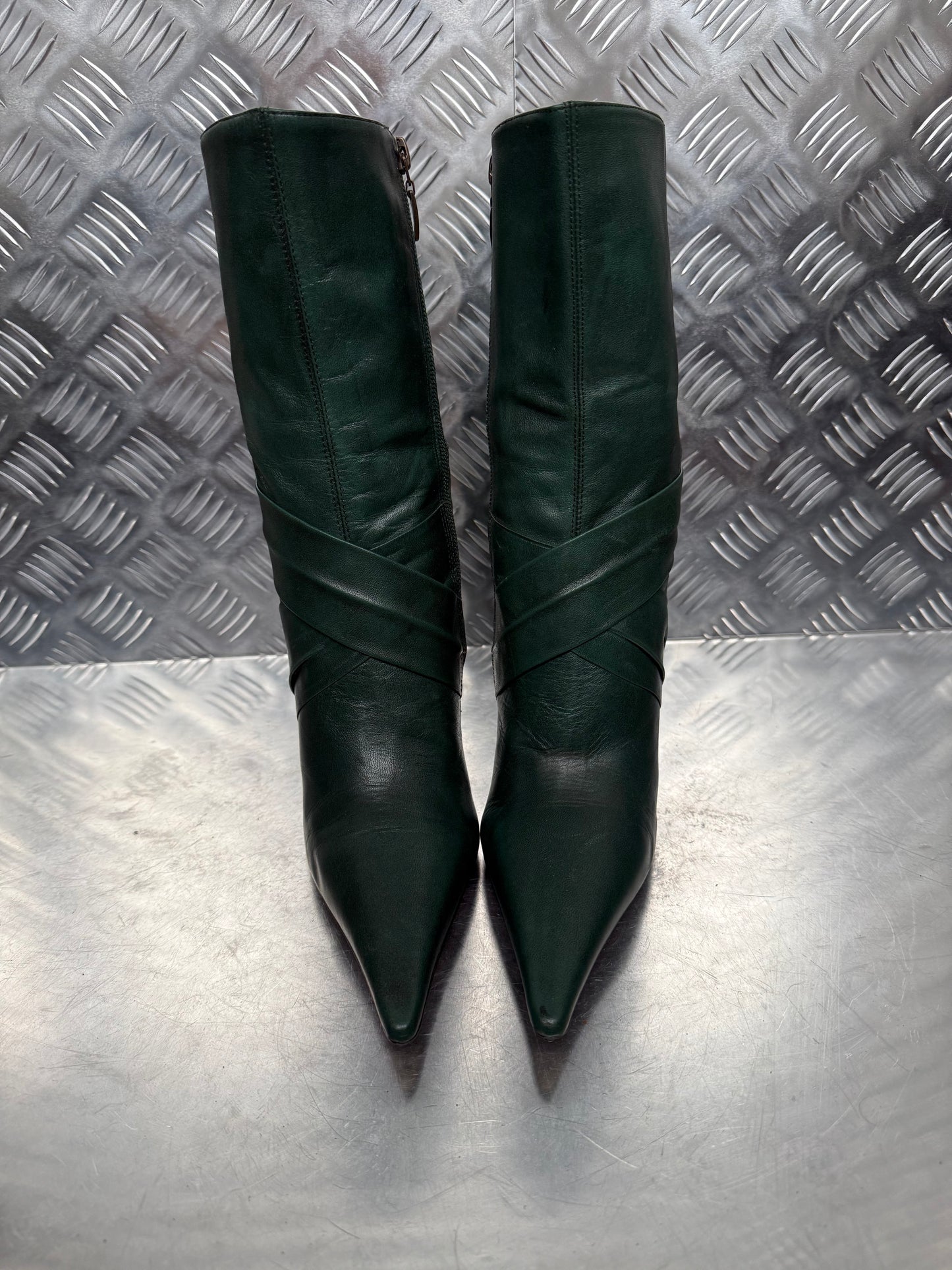 Vintage Dark Green Leather Heeled Boots FAITH TWINKLING GLOBAL