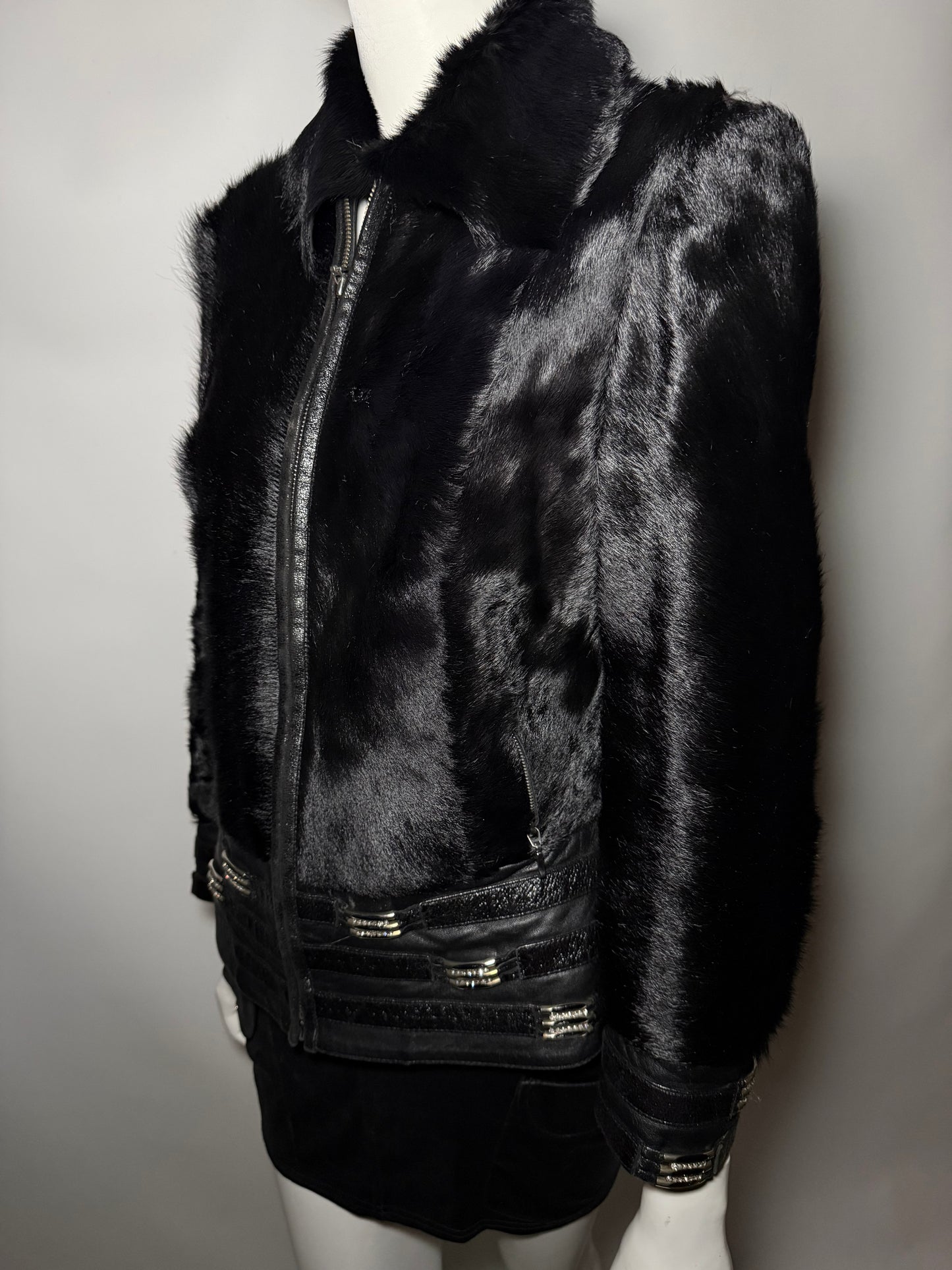 Vintage Black Leather Jacket with Real Fur TWINKLING GLOBAL