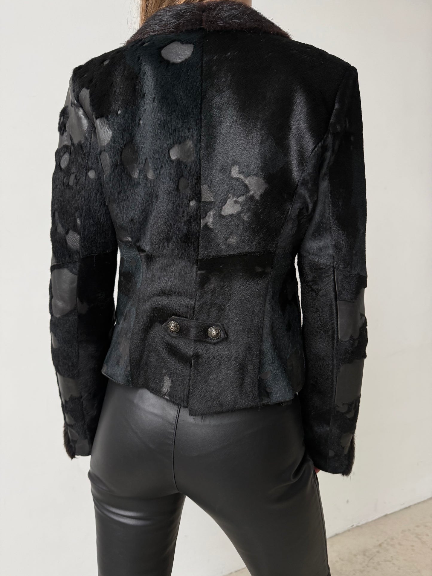 Vintage pony fur & leather fitted jacket – black-blue mix TWINKLING GLOBAL