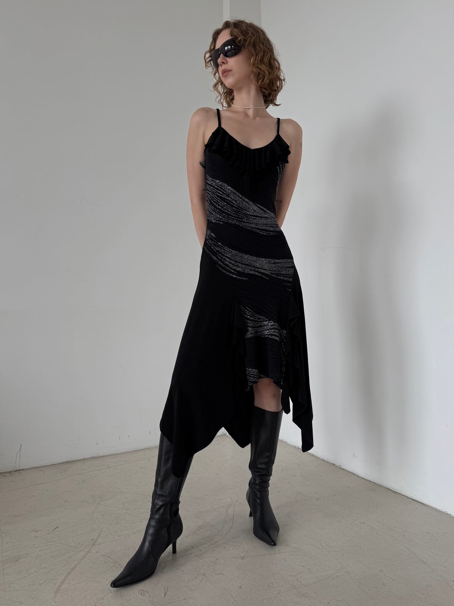 Vintage Black Asymmetrical Midi Dress with Metallic Stripes – Twinkling Global
