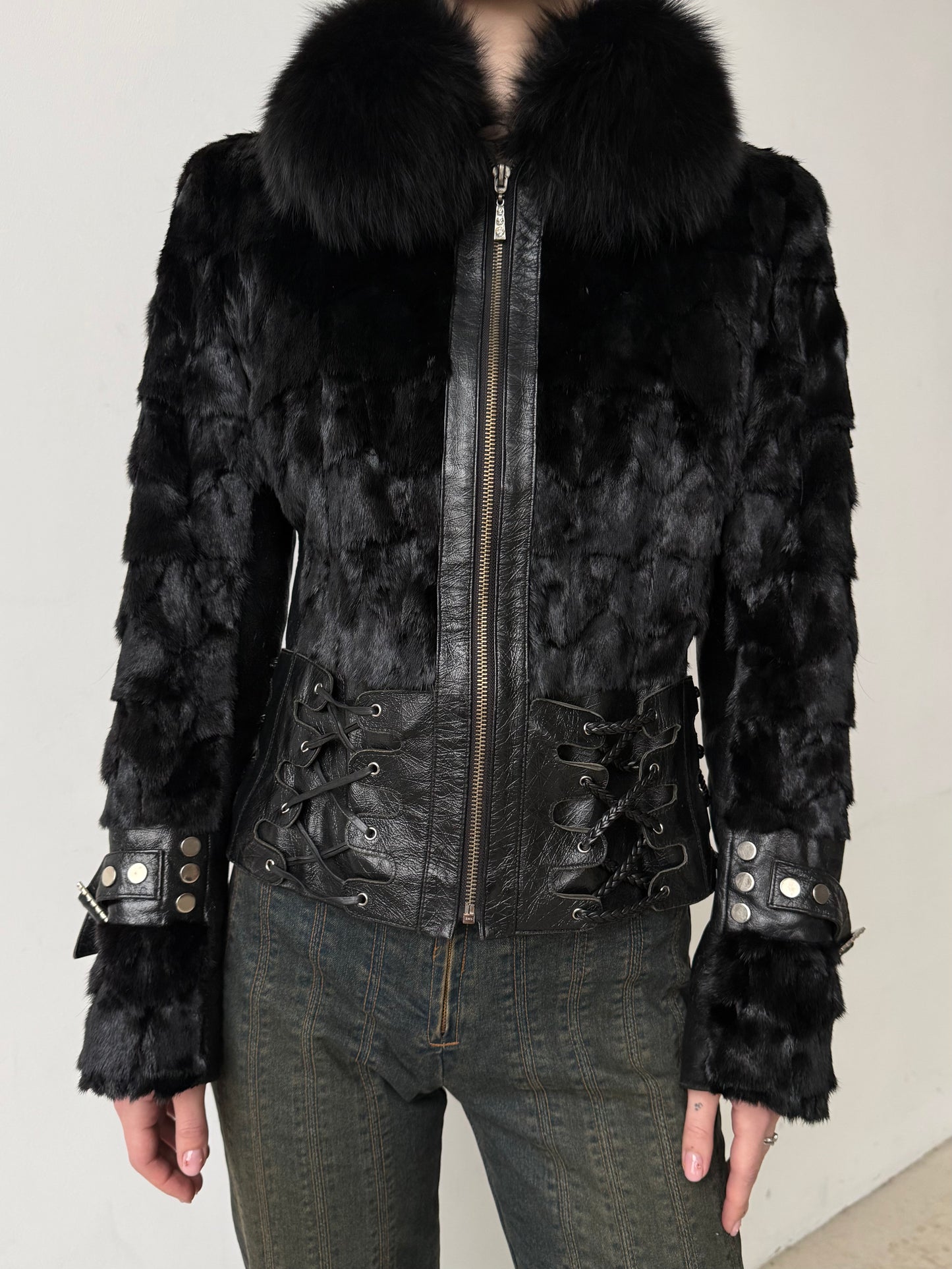 Vintage Leather & Real Fur Lace-Up Jacket TWINKLING GLOBAL