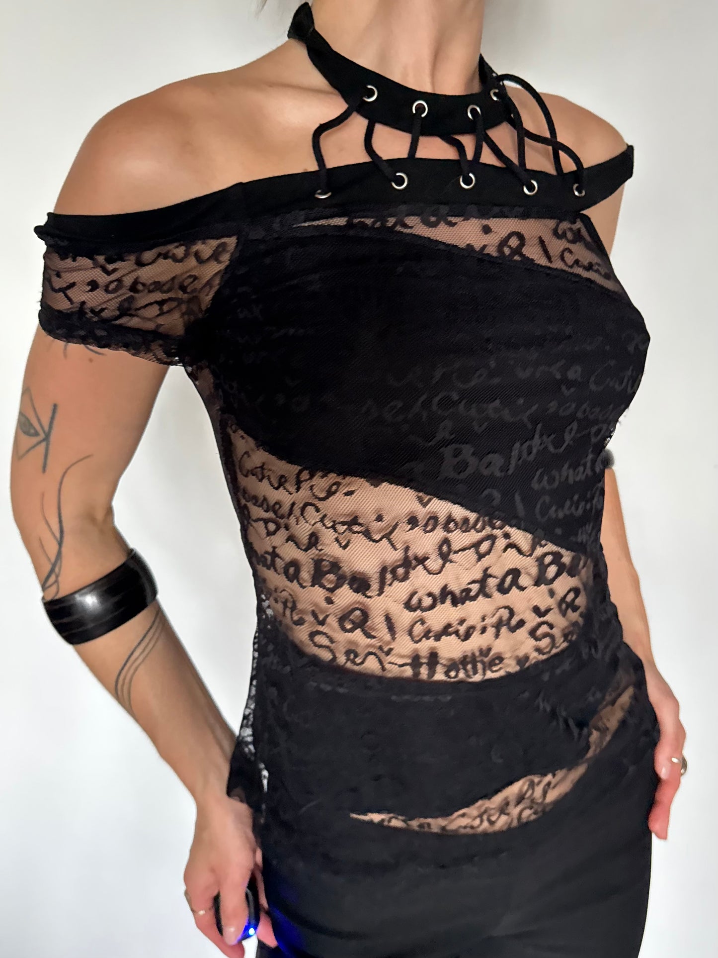 Vintage Black Sheer Mesh Top with Script Print – Twinkling Global