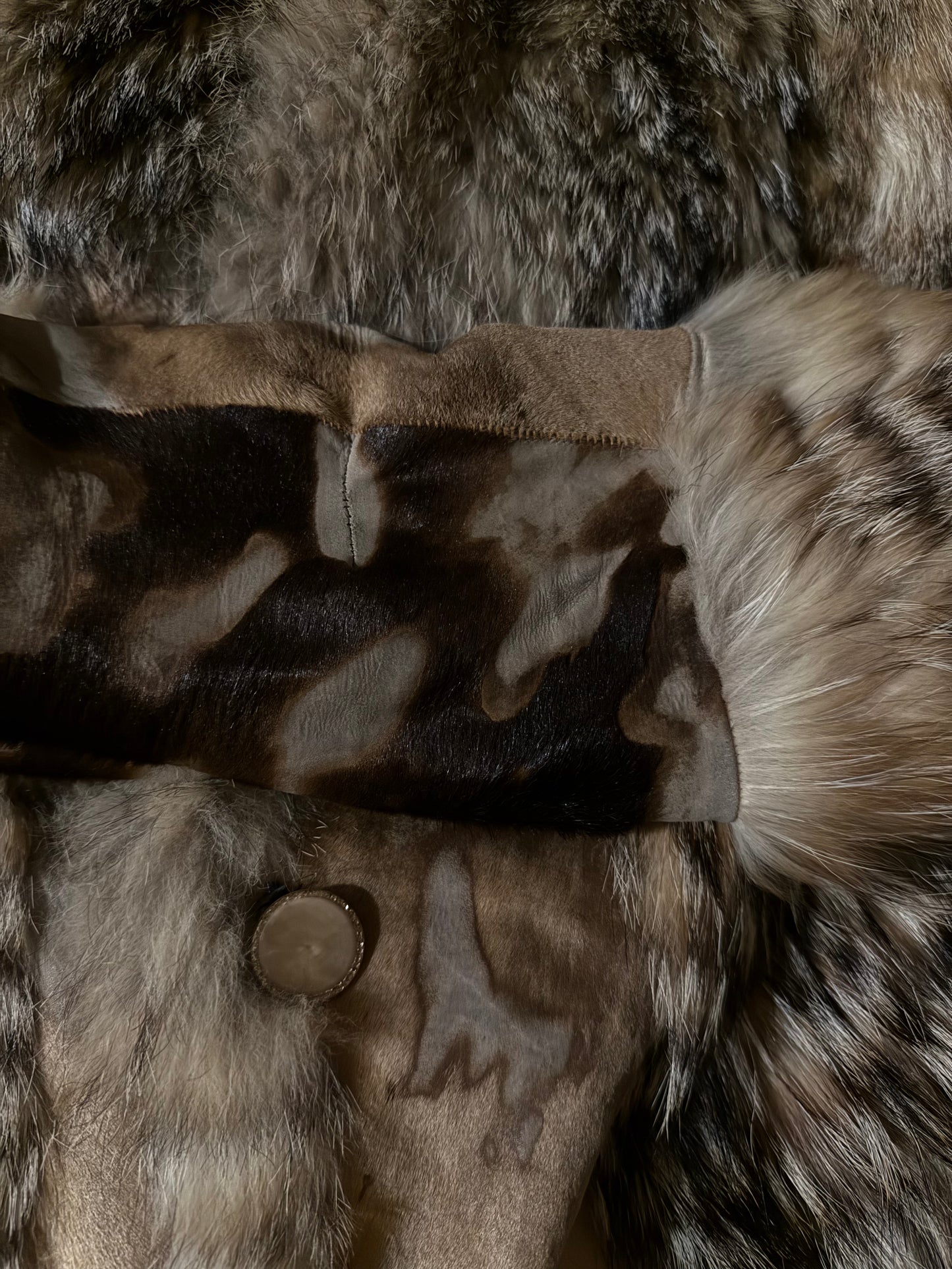 Vintage leather and natural fur patchwork jacket with sculptural silhouette